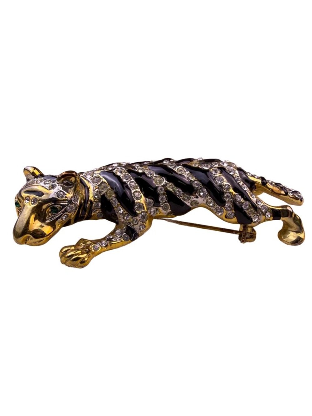 Gold Tone Womens Black Rhinestone Enamel Tiger Brooch With Green Stone Eyes
